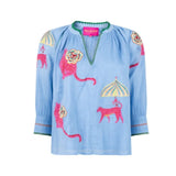 Place du Soleil Tiger Flower Print Blouse In Blue