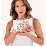 Powder Mid Sized Embroidered Zip Pouch - Fine Flowers In Cream