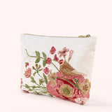 Powder Mid Sized Embroidered Zip Pouch - Fine Flowers In Cream