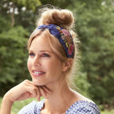 Powder Satin Embroidered Headband Floral Tiger Face in Indigo
