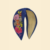 Powder Satin Embroidered Headband Floral Tiger Face in Indigo