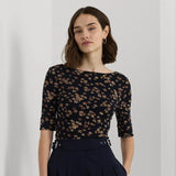 Lauren Ralph Lauren Floral Stretch Cotton Boatneck T-shirt In Navy Multi