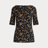 Lauren Ralph Lauren Floral Stretch Cotton Boatneck T-shirt In Navy Multi