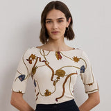 Lauren Ralph Lauren Print Stretch Cotton Boatneck T-Shirt In Cream Multi