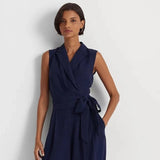 Ralph Lauren Belted Georgette Sleeveless Romper In Navy