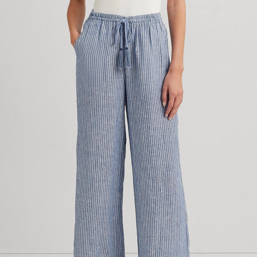 Lauren Ralph Lauren Pinstripe Linen Wide Leg Trouser in Blue White