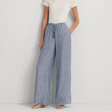 Lauren Ralph Lauren Pinstripe Linen Wide-Leg Trouser in Blue/White