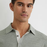 Reiss Half Button Textured Polo Shirt Soft Sage