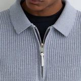 Reiss Long Sleeve Half Zip Ribbed Polo In Blue Melange