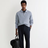 Reiss Long Sleeve Half Zip Ribbed Polo In Blue Melange