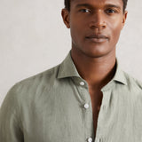 Reiss Long Sleeve Linen Shirt Ruban Thyme Green