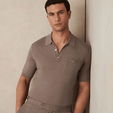 Reiss Nelson Patch Pocket Knit Polo Shirt in Mink Brown