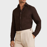 Reiss Ruban Linen Cutaway-Collar Shirt in Dark Brown