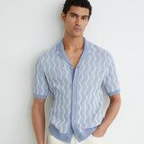 Reiss Short Sleeve Wave Stripe Cuban Soft Shirt Blue