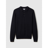 Reiss Trafford Merino Wool Long-Sleeve Polo Shirt In Navy