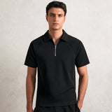 Reiss Winston Textured Raglan Half-Zip Polo Shirt in Black