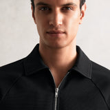 Reiss Winston Textured Raglan Half-Zip Polo Shirt in Black