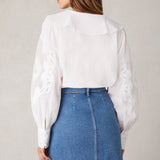 Ro&Zo White Embroidery Mesh Sleeve Blouse