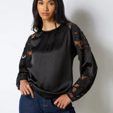 Ro&Zo Black Satin Lace Insert Blouse
