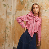 Ro&Zo Bow-detailed Striped Cotton Shirt In Pink