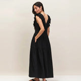 Ro&Zo Cheesecloth Ruffle V-Neck Midi Dress In Black