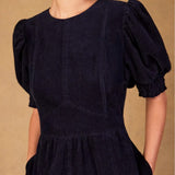 Ro&Zo Cord Puff Sleeve Midi Dress In Navy