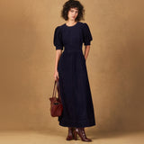 Ro&Zo Cord Puff Sleeve Midi Dress In Navy