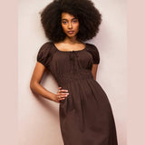 Ro&Zo Gathered Neck Cotton Dress In Brown