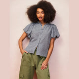 Ro&Zo Gingham Gathered-Sleeve Shirt In Navy