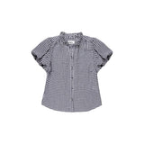 Ro&Zo Gingham Gathered-Sleeve Shirt In Navy