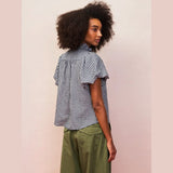Ro&Zo Gingham Gathered-Sleeve Shirt In Navy