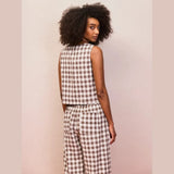 Ro&Zo Linen Blend Square Neck Top In Brown Gingham