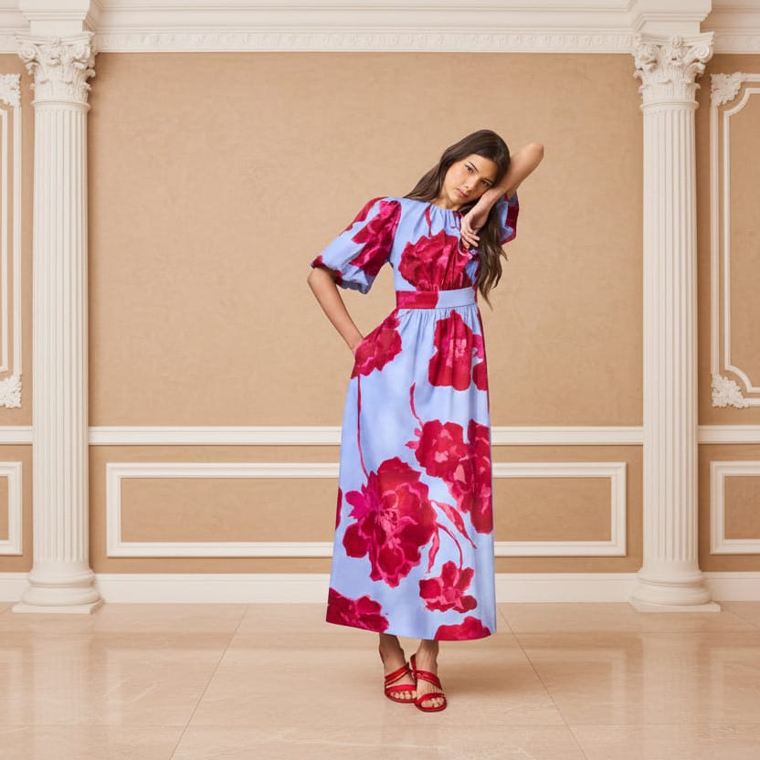 Ro&Zo Seraphina Floral Puff Sleeve Dress In Pink Blue