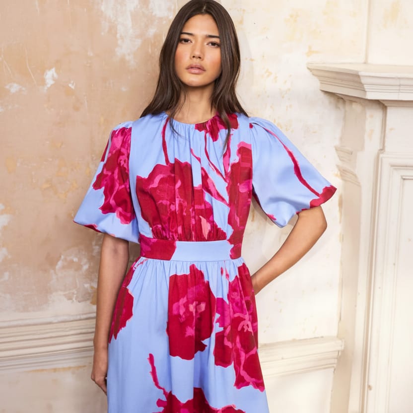 Ro&Zo Seraphina Floral Puff Sleeve Dress In Pink Blue