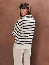 Ro&Zo Striped V-Neck Cotton Blend Jumper in Cream
