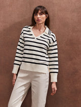 Ro&Zo Striped V-Neck Cotton Blend Jumper in Cream