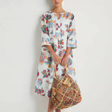 Sahara Botanical Linen Flare Dress in White Multi