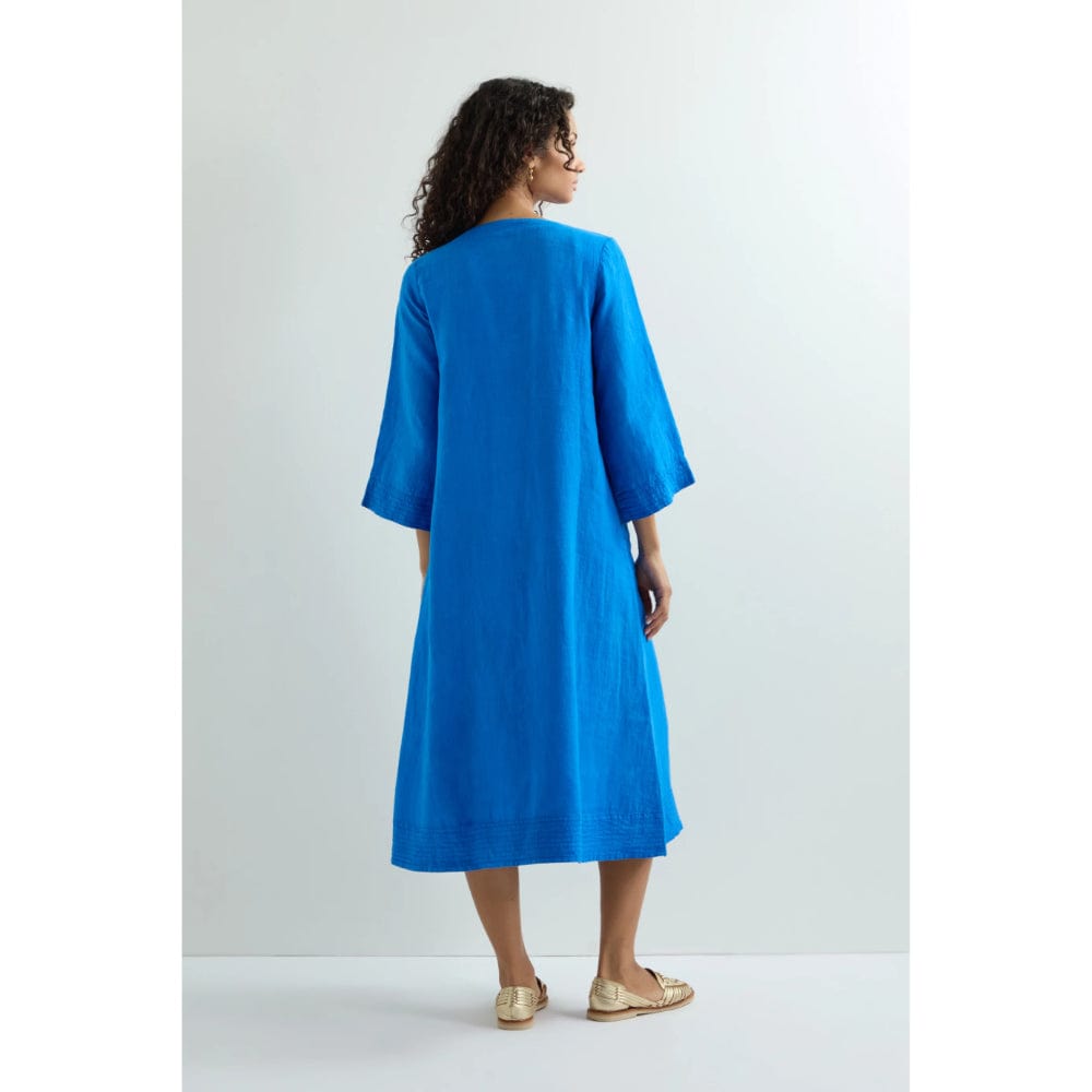 Sahara Linen Button Placket Dress in Sapphire