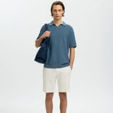 Selected Linen Blend Polo Shirt In Blue Mirage
