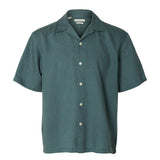 Selected Linen Blend Short Sleeve Shirt Resort In Balsam Green
