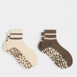 Sweaty Betty Animal Print Mini Pilates Crew Gripper 2 Pack In Khaki Brown