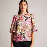 Ted Baker Jaylaah Floral Balloon Sleeve Blouse in Dark Red