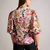 Ted Baker Jaylaah Floral Balloon Sleeve Blouse in Dark Red