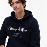 Tommy Hilfiger Logo Embroidery Fleece Hoody In Navy Blue