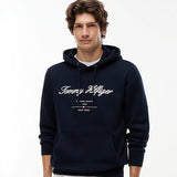 Tommy Hilfiger Logo Embroidery Fleece Hoody In Navy Blue