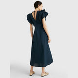 Tommy Hilfiger Ruffled Sateen Maxi Dress In Navy