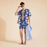 Vilebrequin Men Bowling Linen Shirt Tropical Turtles in Blue