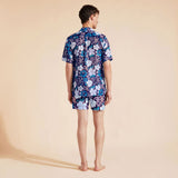 Vilebrequin Men Bowling Linen Shirt Tropical Turtles in Blue