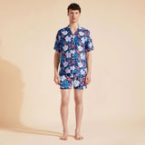 Vilebrequin Men Bowling Linen Shirt Tropical Turtles in Blue