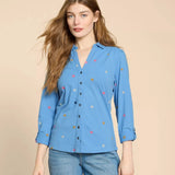 White Stuff Annie Jersey Embroidered Shirt in Blue Multi